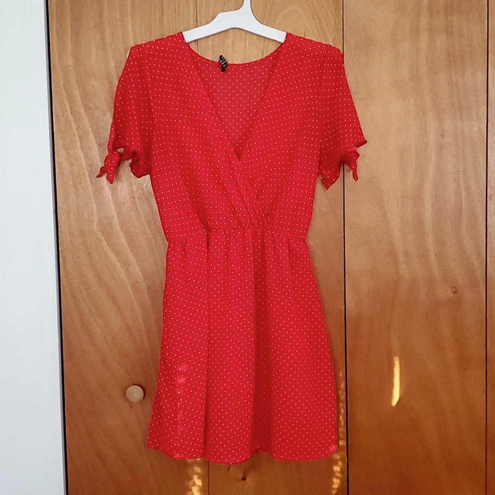 Red and white polka dot cold shoulder summer dress